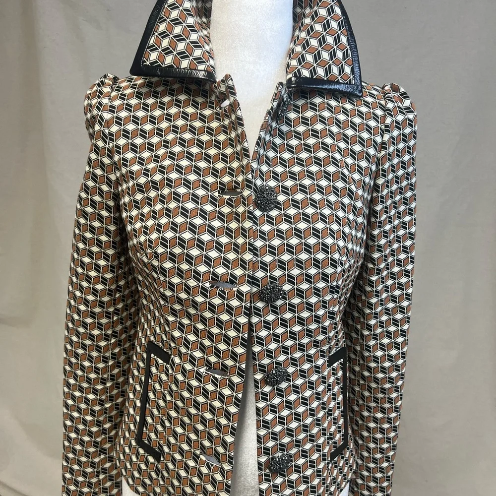 Elie Tahari Women's Blazer Geometric Pattern Brown‎ Black Sz 0 Vintage Retro 70s